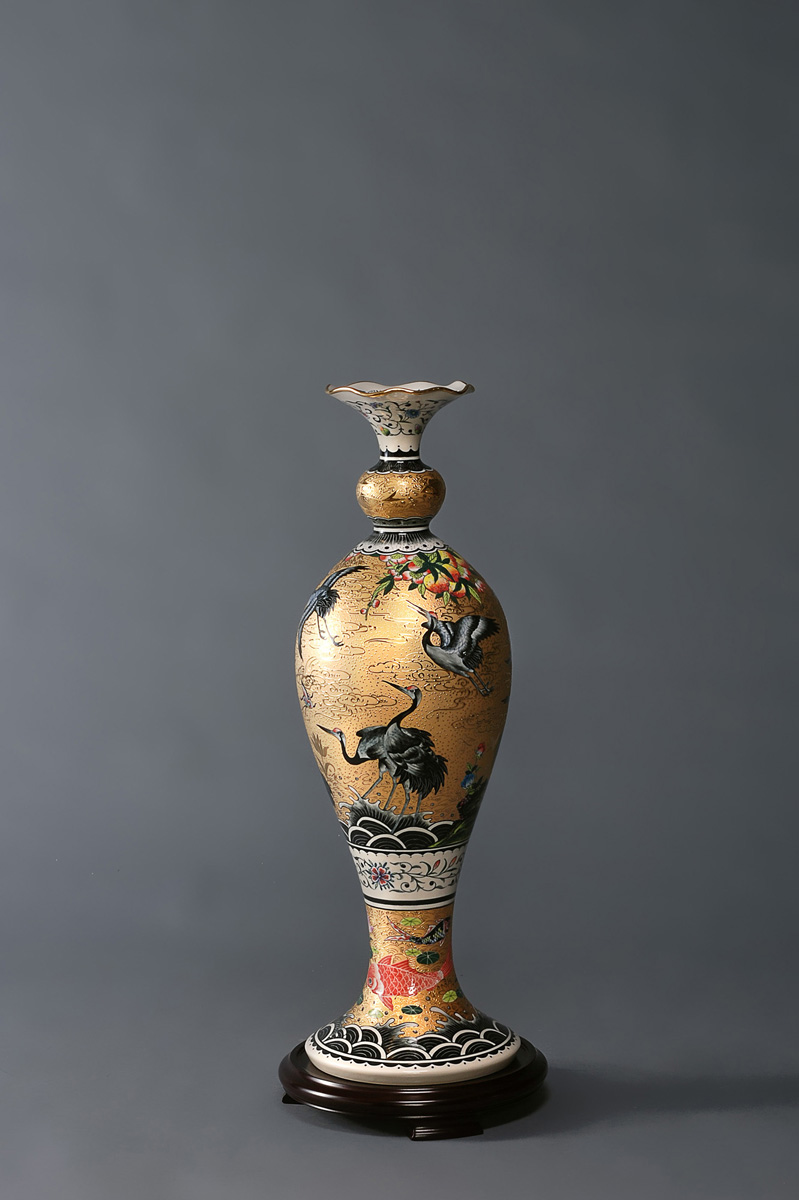 A025漆金祥鶴喇叭瓶_全圖